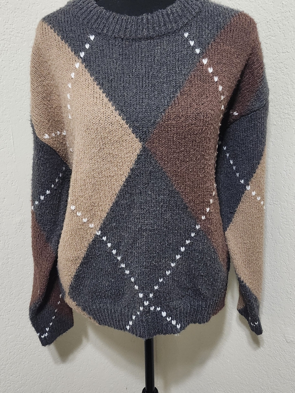 Little Lies Argyle Knit Sweater Chocolate Brown Sz M/L - EUC - Picture 4 of 8